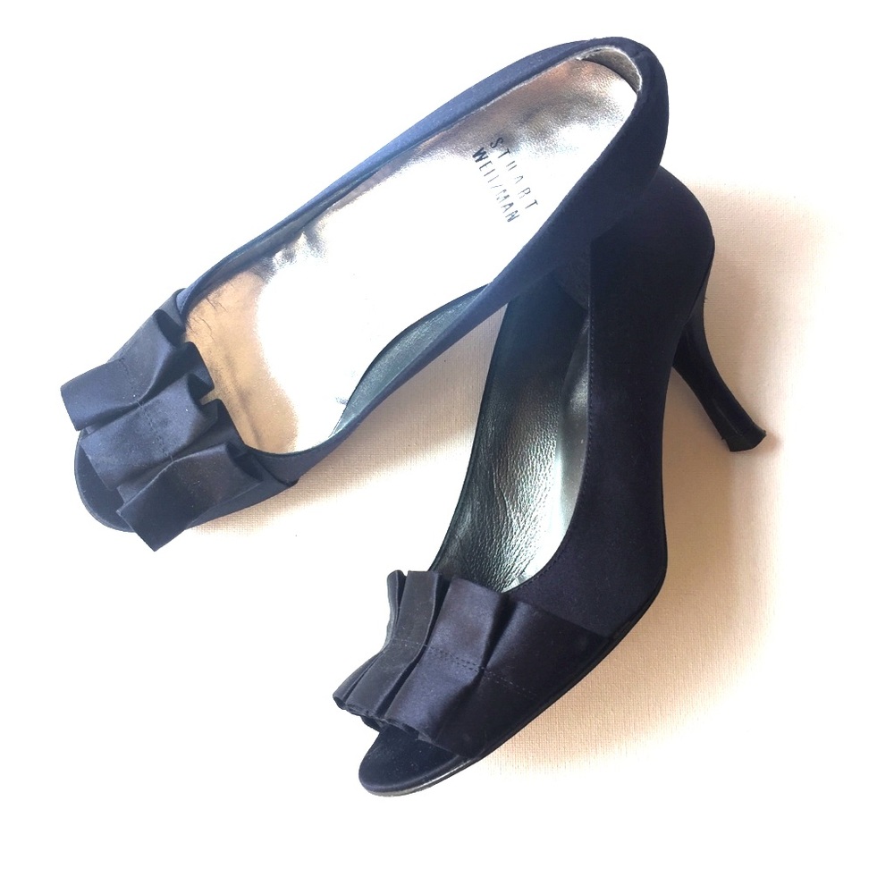 Stuart Weitzman Navy Satin Ruffle Peep Toe Pumps